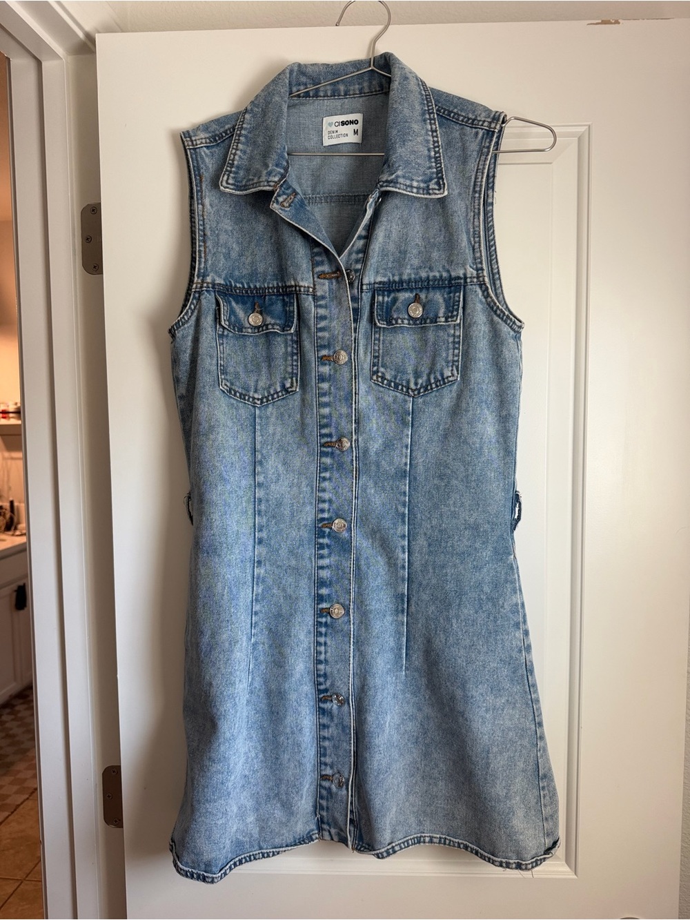 Cisono Denim Button-Front Sleeveless Dress - Light Blue